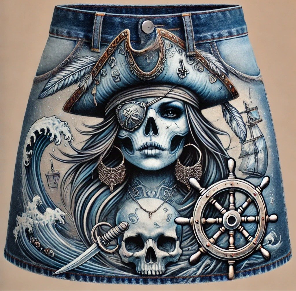 Reina corsaria falda denim azul pintada a mano